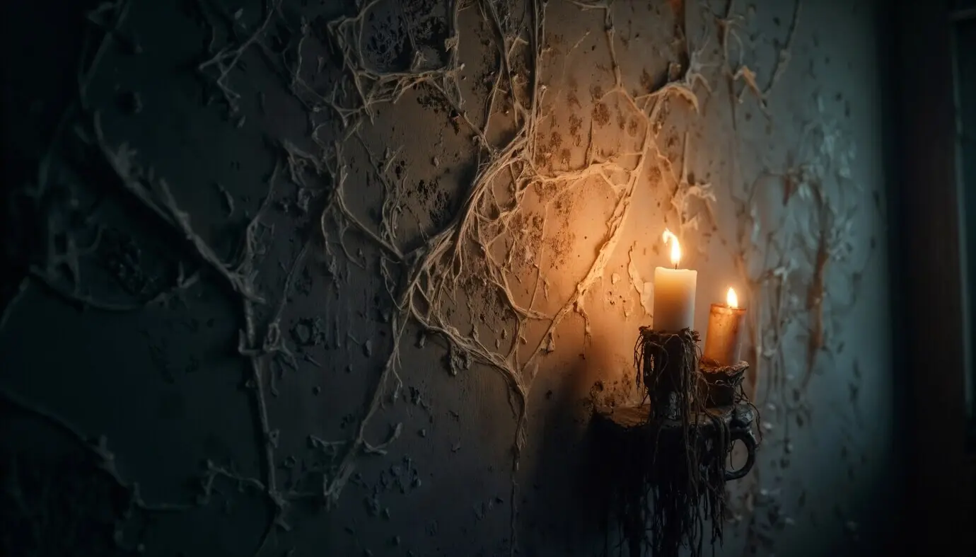 Nahaufnahme einer verwitterten Wand mit einer alten Kerze